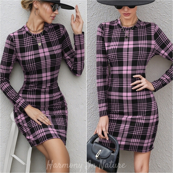 Mad for Plaid Bodycon Dress - Pink|Purple - Picture 1 of 8
